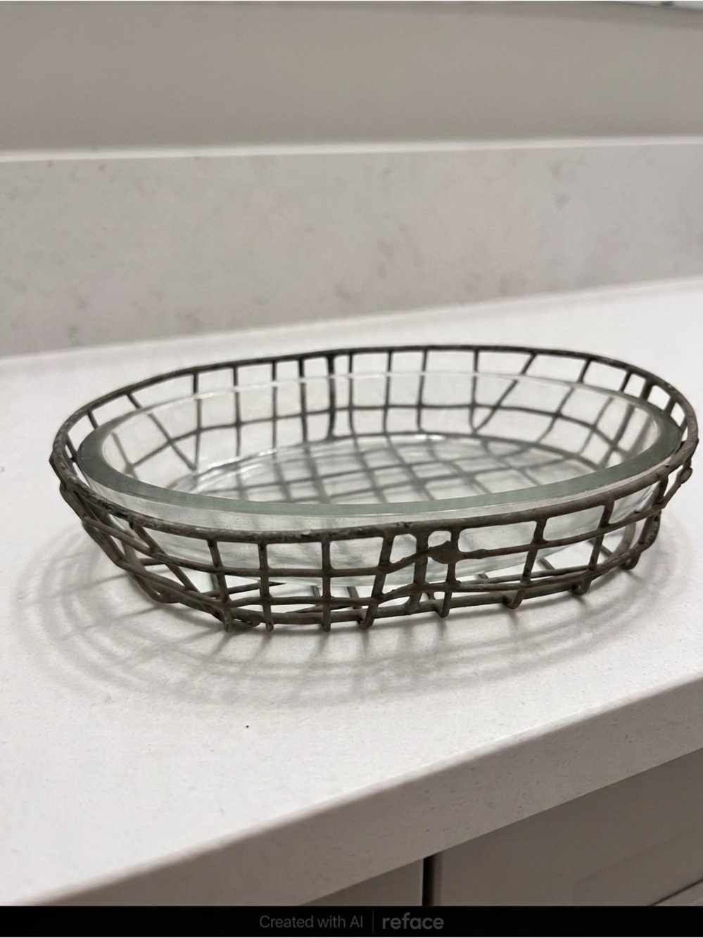 Primitive Glass Insert Oval Soap Dish with Metal Wire Basket - Gray
